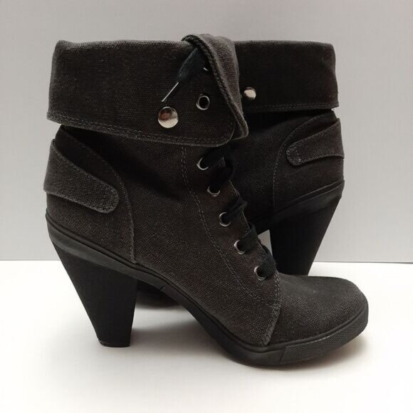 ALDO Canvas Lace-Up High Heel Fold-Over Ankle Boots Sz 8 - 8.5 - Picture 10 of 15